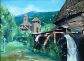 L. Makovec - Dřevěný kostelík s vodním mlýnem