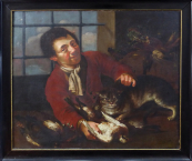 Barokní portrét muže s kočkou a ptáčkem